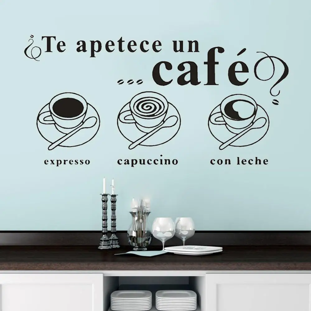 

Настенные наклейки для кафе, испанские цитаты, apetece un Cafe, домашний декор, столовая, виниловые кухонные интерьерные дизайнерские художествен...