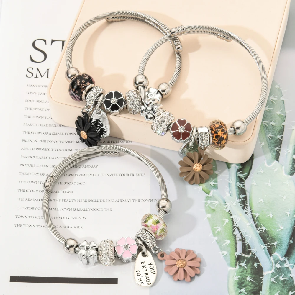 

Trendy Women Stainless Steel Flower Charms Bracelets Wire Cable Rhinestones Disco Ball Open Adjustable Cuff Bangle DIY Jewelry