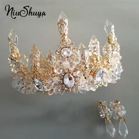 niushuya brides oversize gold baroque royal crown headpiece retro clear crystal rhinestone tiara hairbands wedding hair jewelry