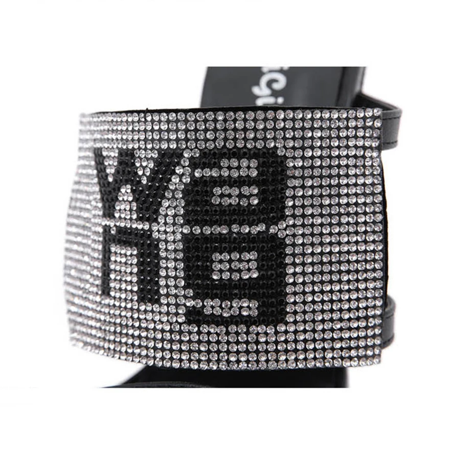 

Fashion Letter Crystal Slip On Shoes For Women Slippers Square Toe High Heels Pumps Black Thin Strap Bohemian Female Party Shoes