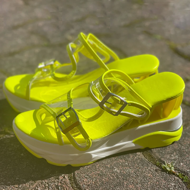 Summer Women's Neon Yellow Wedges Mules Sandals Ladies Fashion Platform High Heels Casual Beach Sandals Plus Size 35-43 Shoes