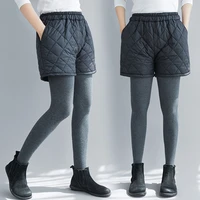 winter korean style argyle solid color elastic waist thick warm cotton padded female casual loose wild vintage outer wear shorts
