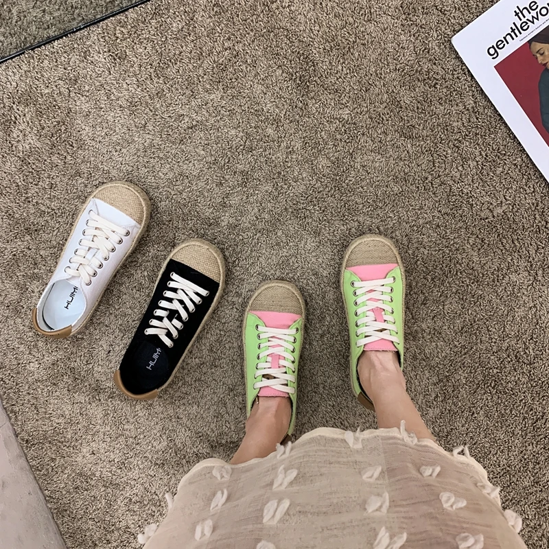 

ELLALEE White Sneakers Dames Casual Summer Hemp Recyclable Breathable Women Shoes Lace Up Weave Female Sports Flats