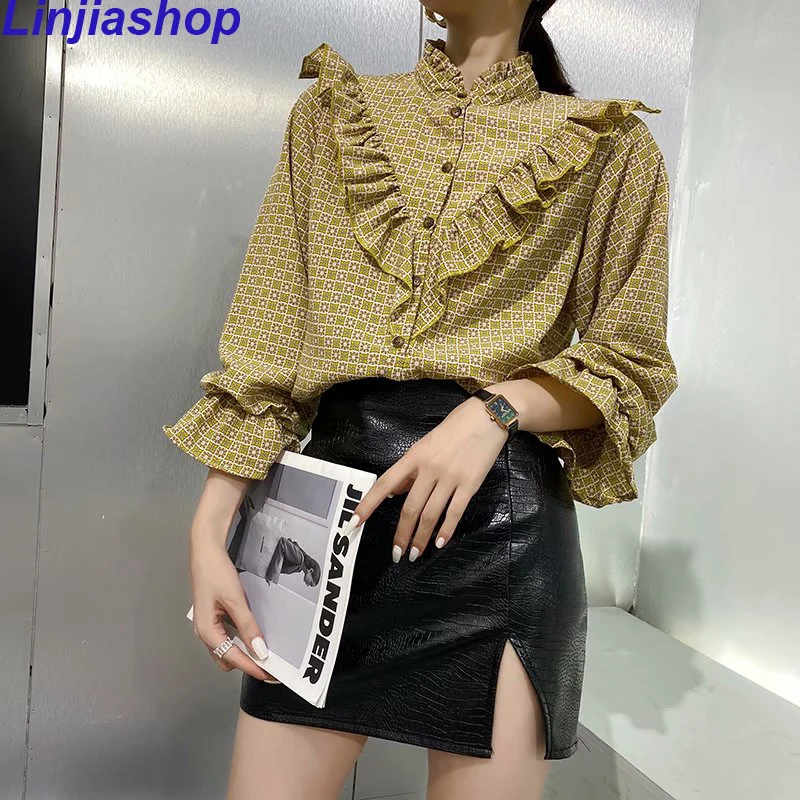 

Новая женская летняя рубашка с высоким воротником, Кардиган с длинным рукавом, шифоновая рубашка, модная рубашка, топ с оборками