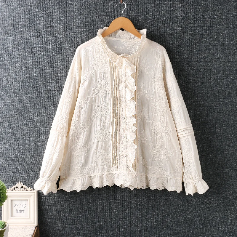 

Autumn new small fresh stand collar solid embroidery Tops women Long Sleeve casual shirt NWM821-47