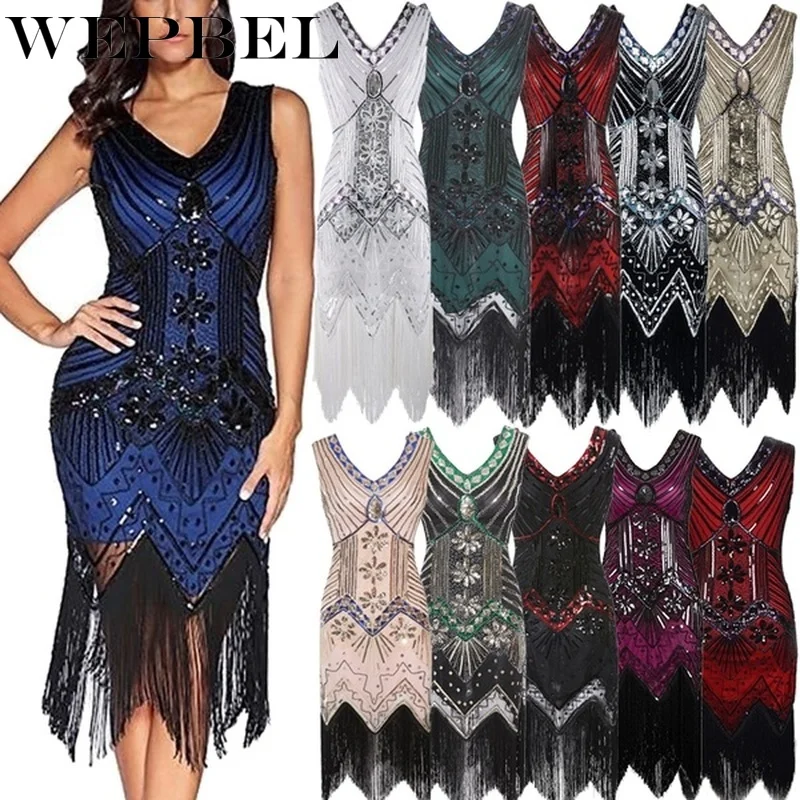 

WEPBEL Women Vintage Dress 1920s Great Gatsby Dress Sequin Flapper Dress Prom Tassel Hem Dress