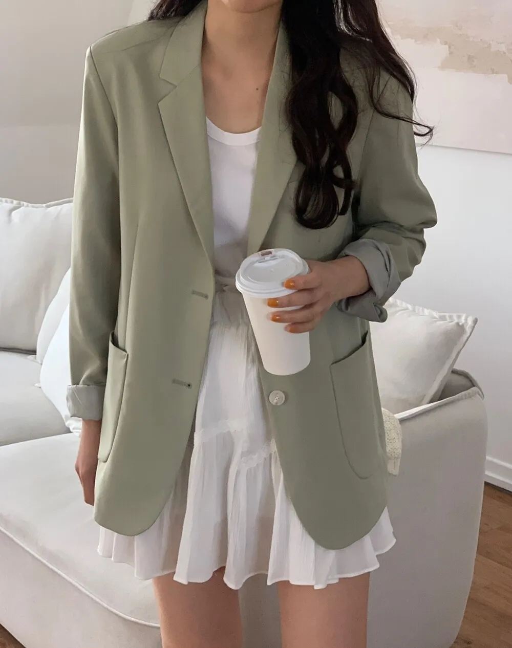 

Осенний шикарный однотонный элегантный Блейзер Женский пиджак женский однобортный свободный блейзер с v-образным вырезом и длинным рукаво...