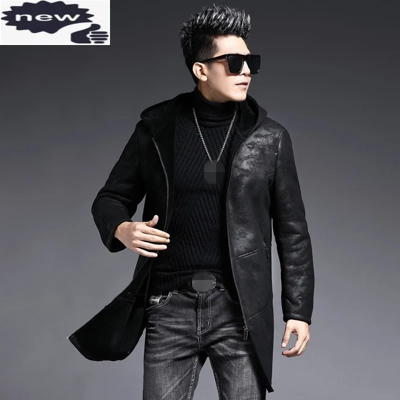 

Роскошное Брендовое пальто из натуральной кожи, Мужская модная шерстяная меховая верхняя одежда с капюшоном, зимнее черное мото пальто на молнии из овчины, большие размеры