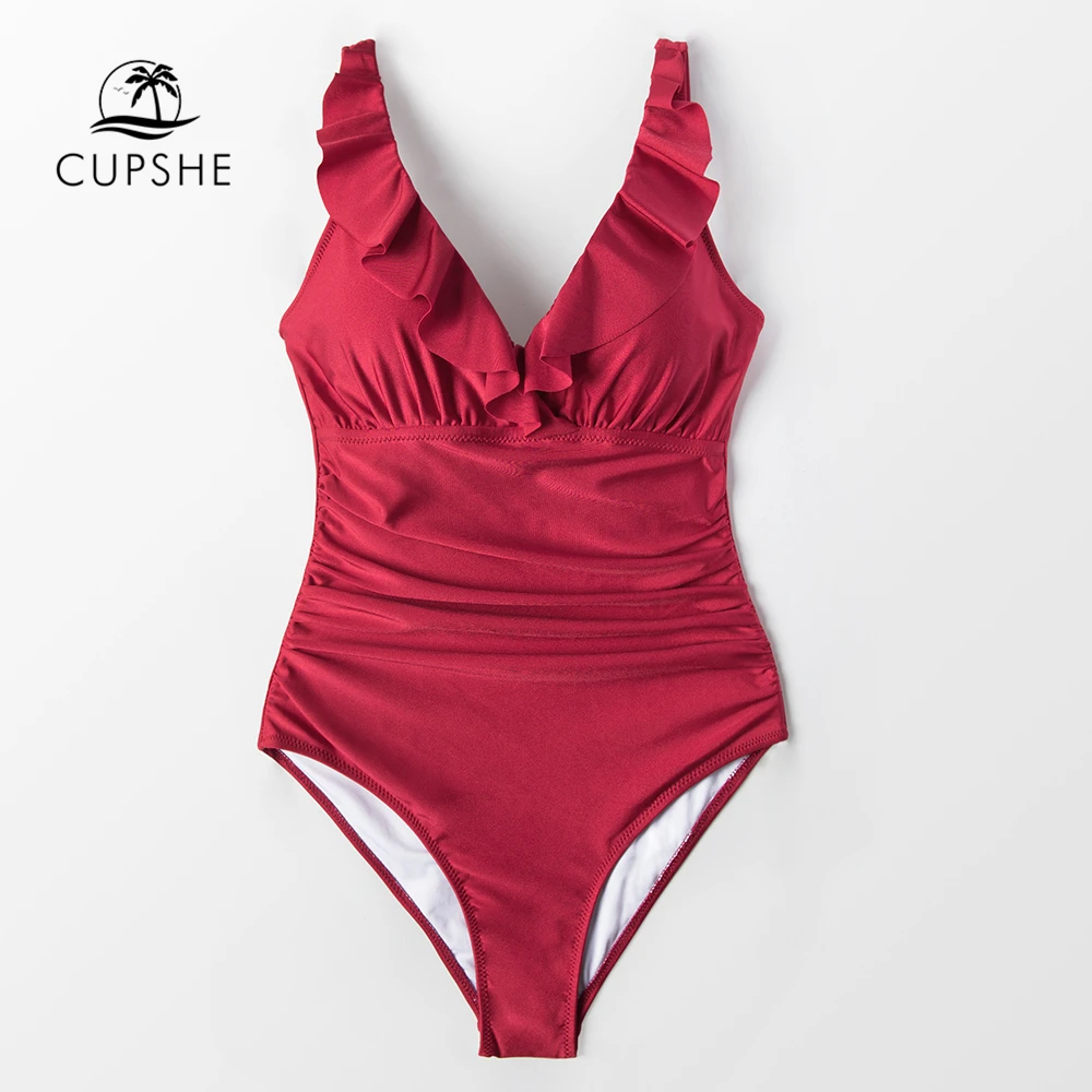 CUPSHE, армейский зеленый Цельный купальник с оборками, Женский Одноцветный монокини с v-образным вырезом, Falbala,, пляжный простой купальный костюм для девочек, купальник