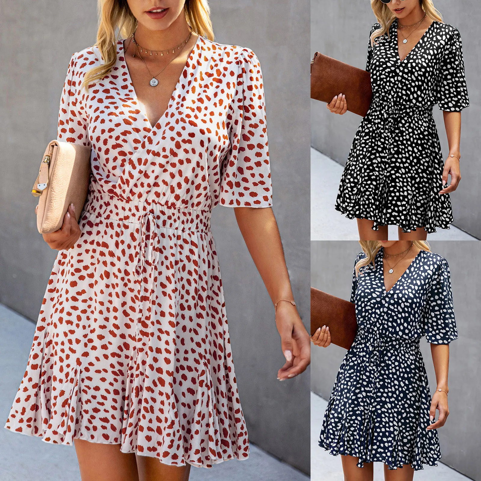 

New Women's Summer Dot Print Dress Casual Ruffle Sexy V- Neck A-line High Waist Half Sleeve Slim Lady Mini Dresses Vestidos