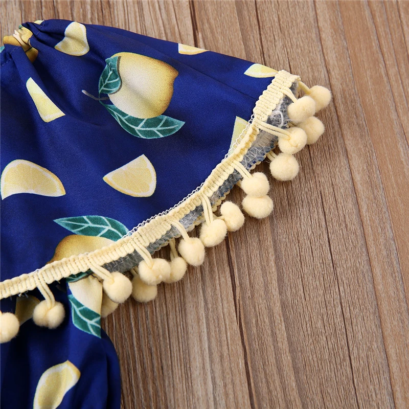 

Baby Girls Summer arrival Clothing Suits Short Flare Sleeve Pullover Romper Headwear Lemon Floral Print Tassel 2PCS romper