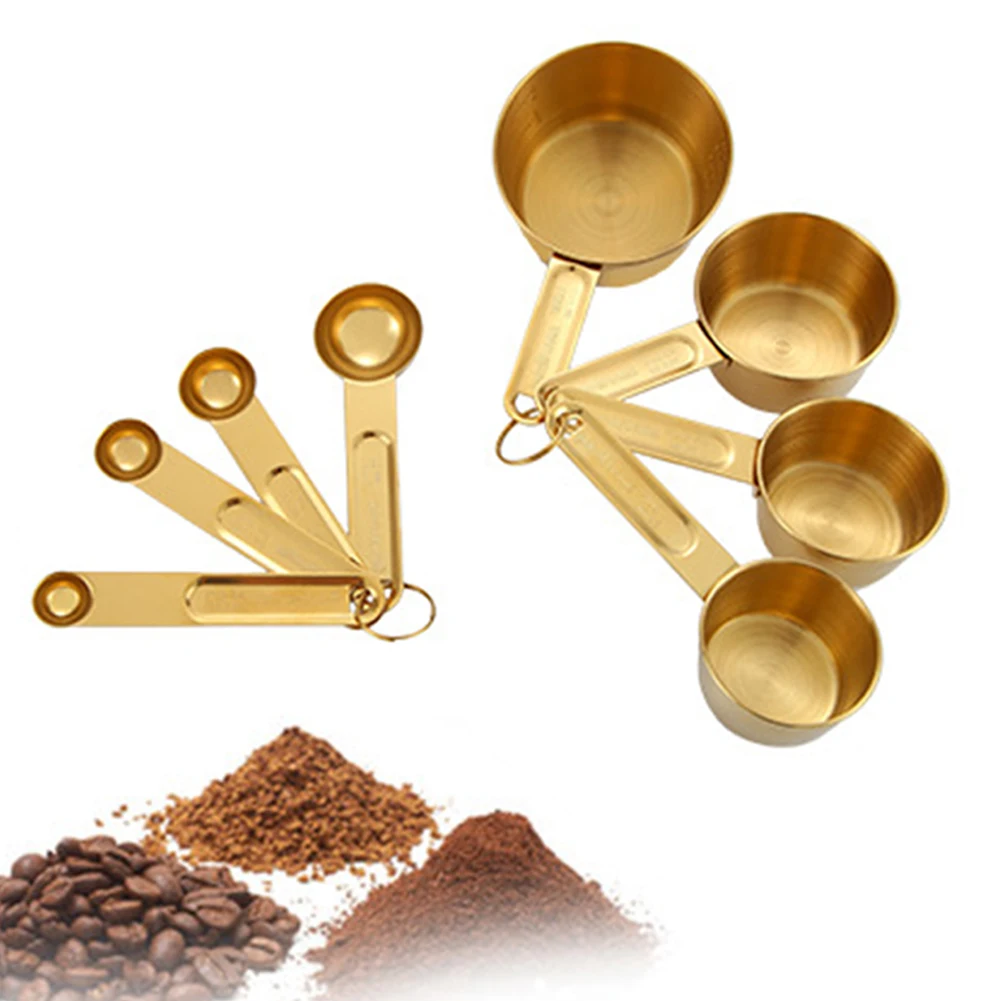 

8PCS Gold Measuring Cups Set Stainess Steel Measuring Spoons Kitchen Scale Coffee Scoop Baking Bartending Kitchen Measuring Tool