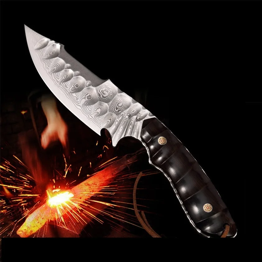 Классический охотничий нож из дамасской стали с прямым фиксированным лезвием
