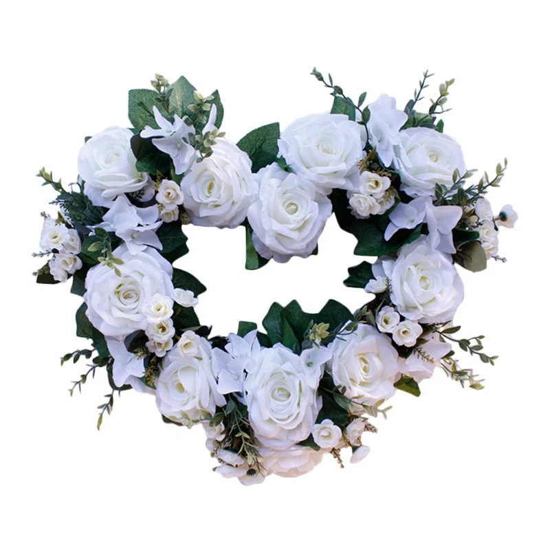 

Hanging Heart Wreath, Artificial White Rose Flower Wreath for Front Door, Wall, Wedding, Home, Festival Decor