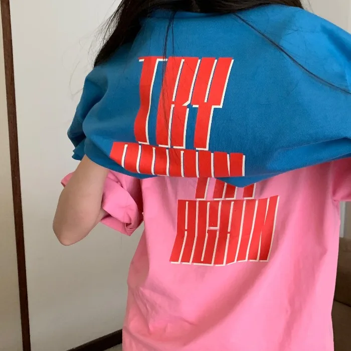 

Chic Korean Girl Pink Short Sleeve T-shirt round Neck Pullover Leisure Loose Letter Printing Lazy Top Fashion