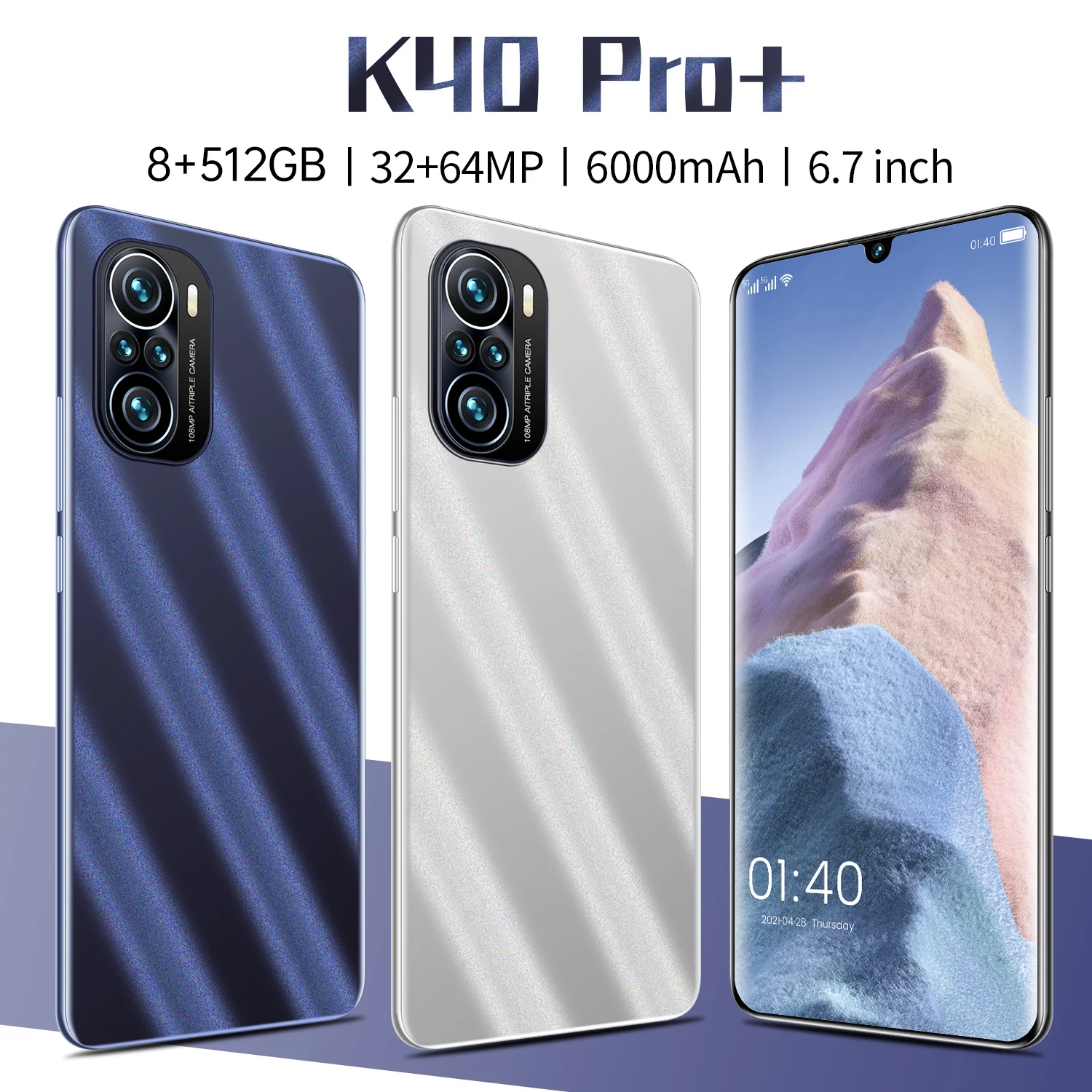 

Global Version K40 Pro + Smartphone 6.7 Inch 8 + 512GB 6000mAh MTK6889 + Deca Core 32MP + 64MP Camera Android 115G Network Phone