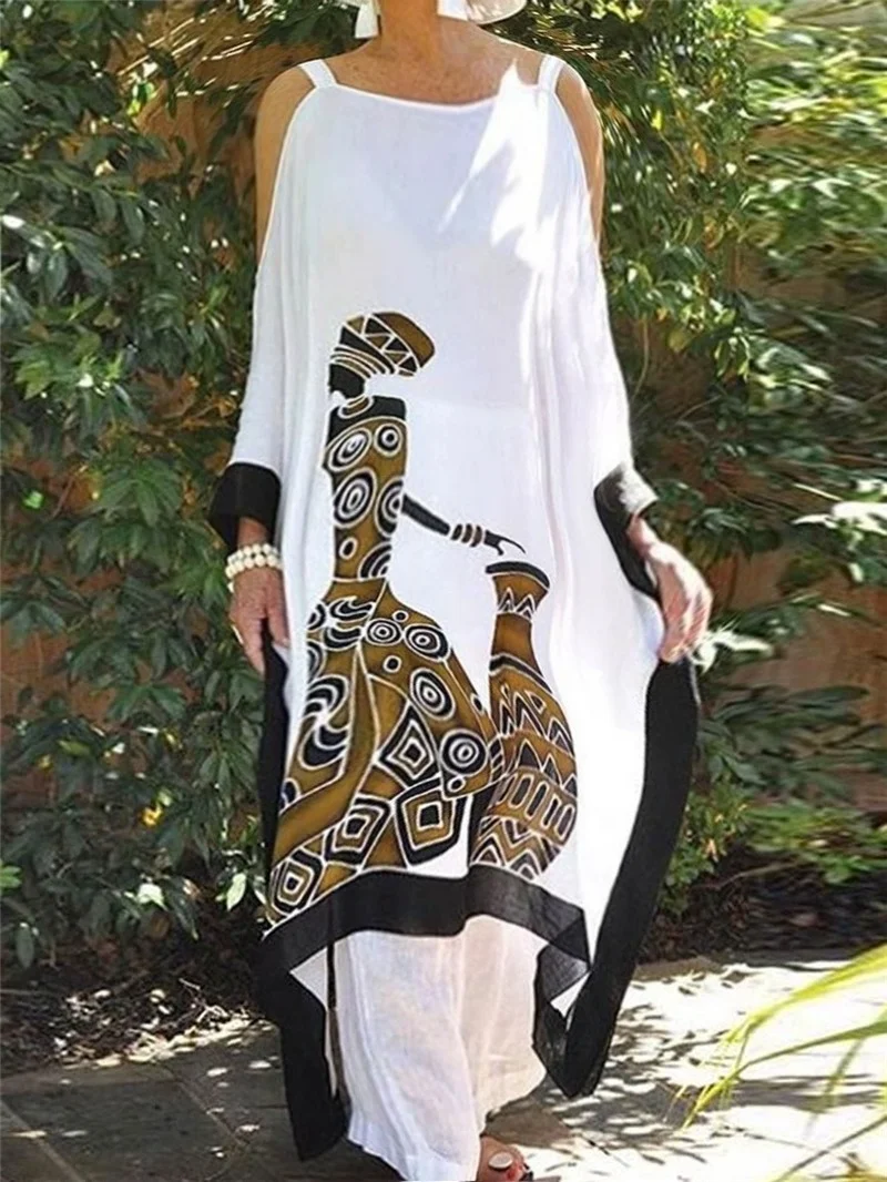 

2021 New Summer Casual Print A-LINE O-Neck Mid-Calf Spaghetti Strap Maxi Dresses for Women Sleeveless Dresses Women Donsignet