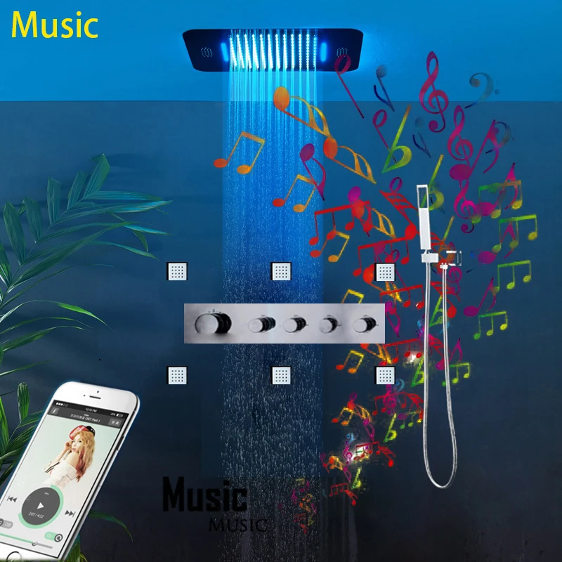 Водопад дождевой Душ Набор с Bluetooth Музыка светодиодный смеситель для ванной комнаты Душ термостатический смеситель chuveiro hidromassagem Jet 6 шт