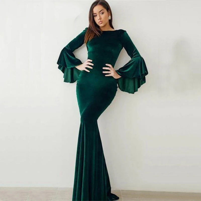 

Dark Green Velvet Mermaid Prom Dresses Long Sleeves Closed Back Court Train Custom Made For African Black Girls