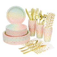 birthday disposable paper party plate set 20person set party dinner plate dessert plate cup napkin straws cutlery fork spoon
