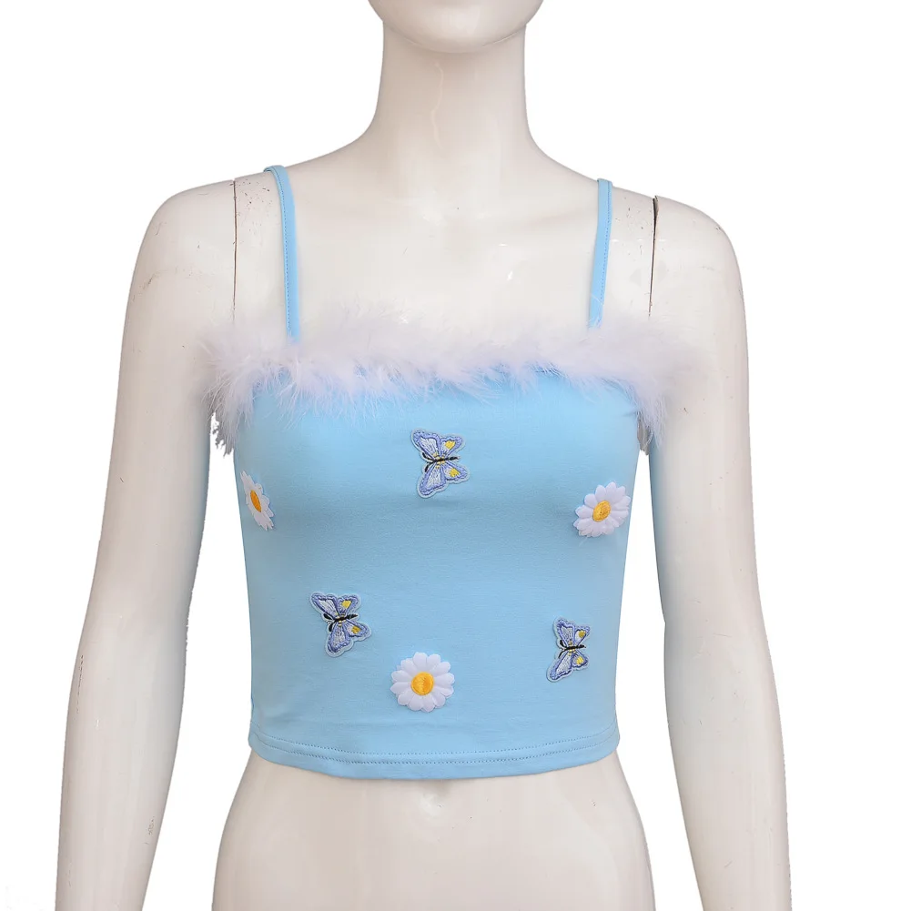 2020 летний пушистый с рисунком бабочка без рукавов Белый Топ ромашки укороченный