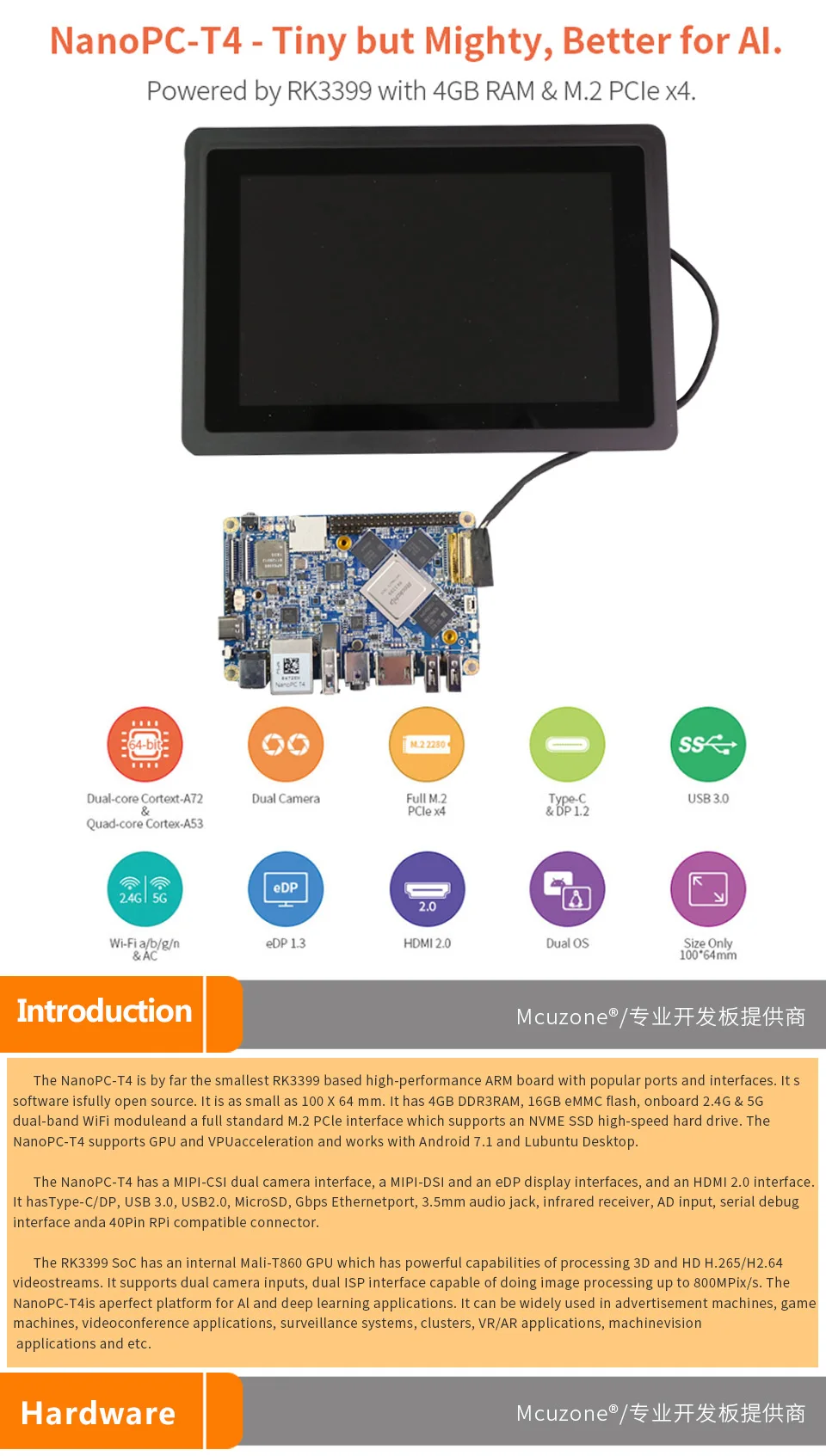 FriendlyELE NanoPC-T4 HD702E Rockchip RK3399 Cortex-A72 Cortex-A53 VR AI OpenCV TensorFlow MIPIDual band wifi M.2PC EC20 4G EMMC