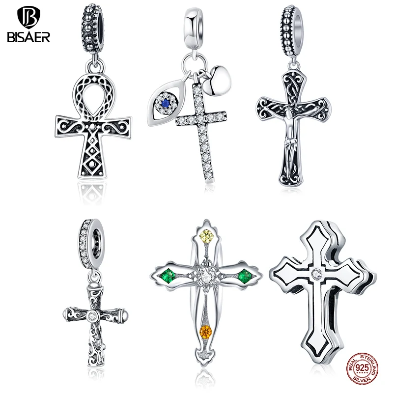 

BISAER Christmas Gift 925 Sterling Silver Cross Charm Zircon Bead Pendant Fit Bracelet Necklace DIY Jewelry Making ECC1327