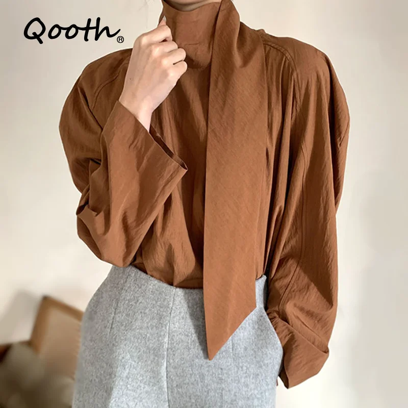 

Qooth Fashion Elegant Women's Blouse With Bowtie Korean Fashion Chic Shirts Blouses Spring Puff Sleeve Stand Collar Tops QT1311