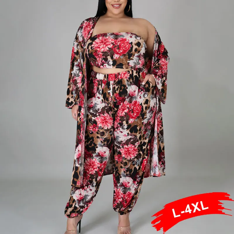 

Plus Size Women Clothing Flower Print 3 Piece Set Cropped Vest+pants Casual Set Female Long Cardigans Dashiki African Outfits
