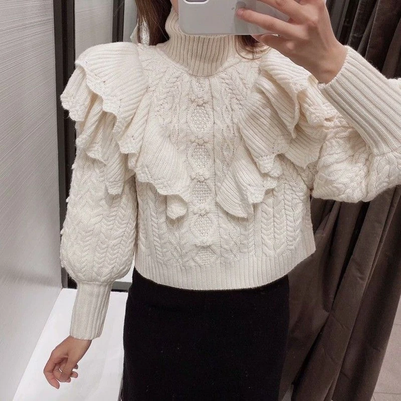 Женский вязаный свитер короткий винтажный пуловер с оборками высоким воротом и