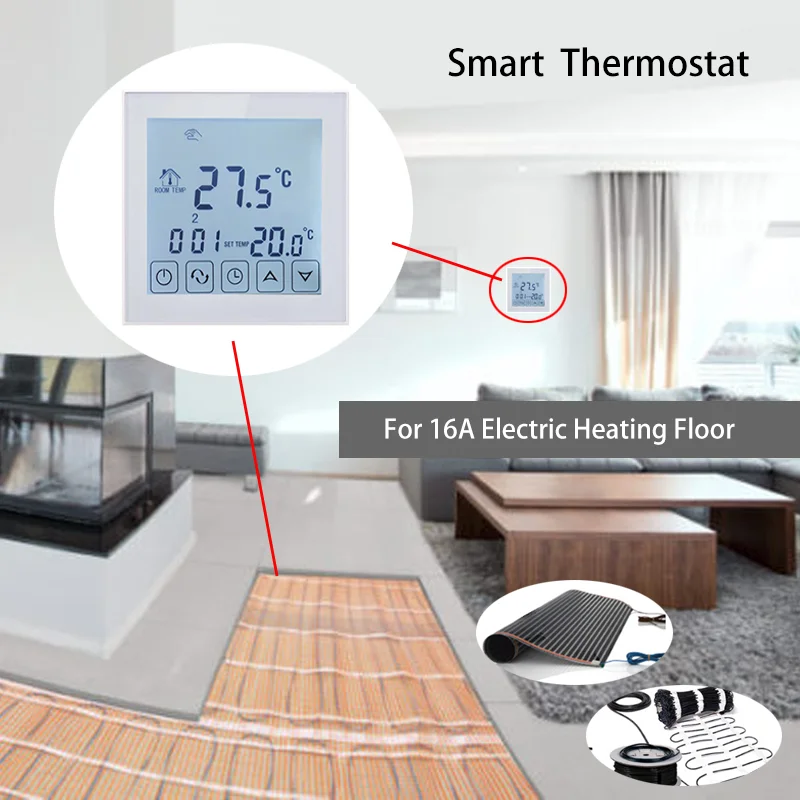 

White Backlight Room Thermostat With External Sensor Electric Floor Heating Thermoregulator Touch Screen Temperature Controller