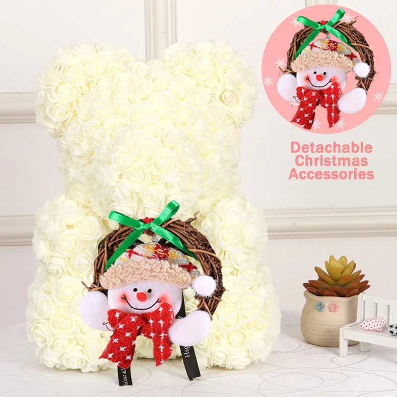 Milk White 40cm Christmas Gift 40cm Red Bear Rose Artificial Soap Roses Teddi Bear Eternal Flower Valentine Garland Gift Girl Friend Snowman - Цвет: Milk White 40cm