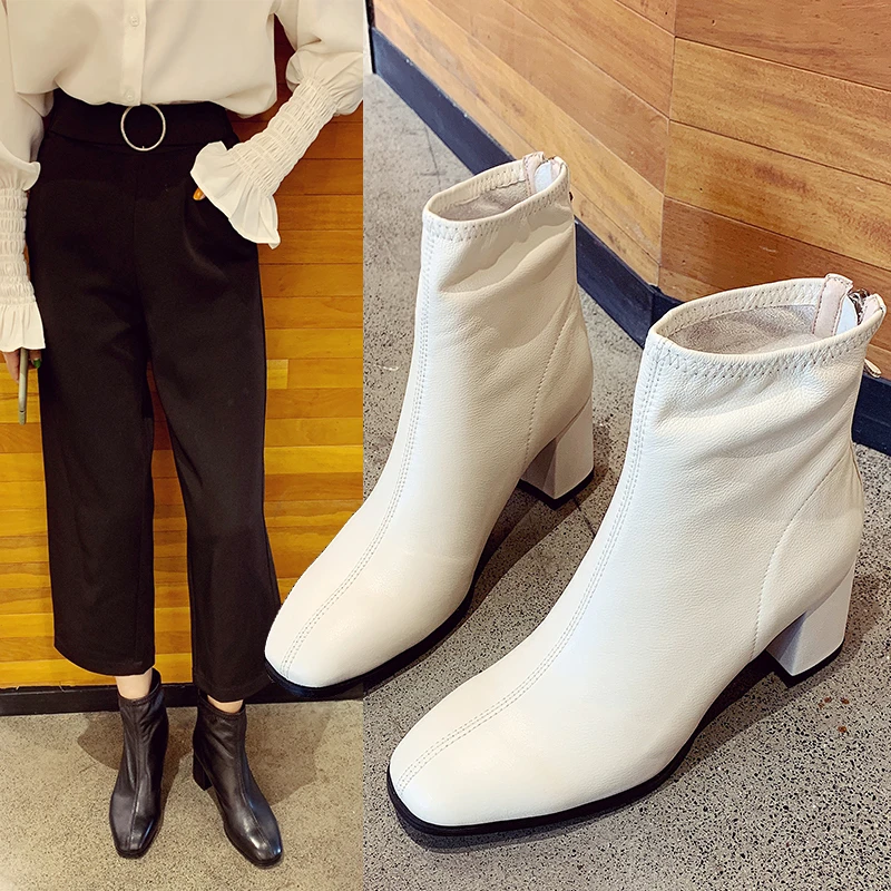 2019 г. Осенние бежевые черные кожаные ботинки женские модные пикантные ботильоны