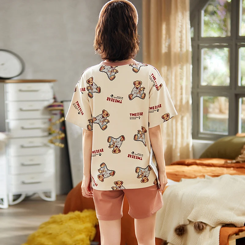 

2021 Women Cotton Pajamas Set Summer Short Sleeve Nightwear Plus Size Homewear Little Bears Print Cartoon Cute Women Sleepwear