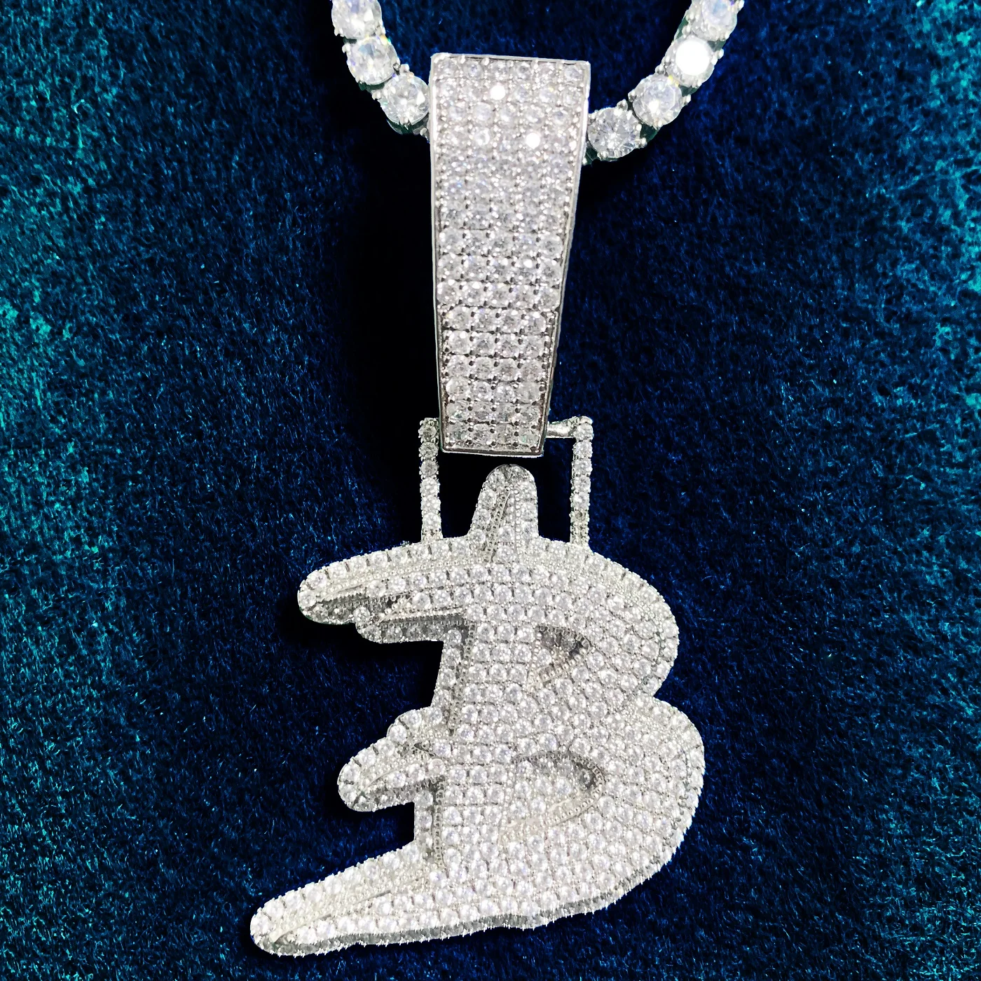 Single Brush Script Cursive Letter Pendant Men HipHop Necklace Full Cubic Zirconia Chain Rock Jewelry A-Z |