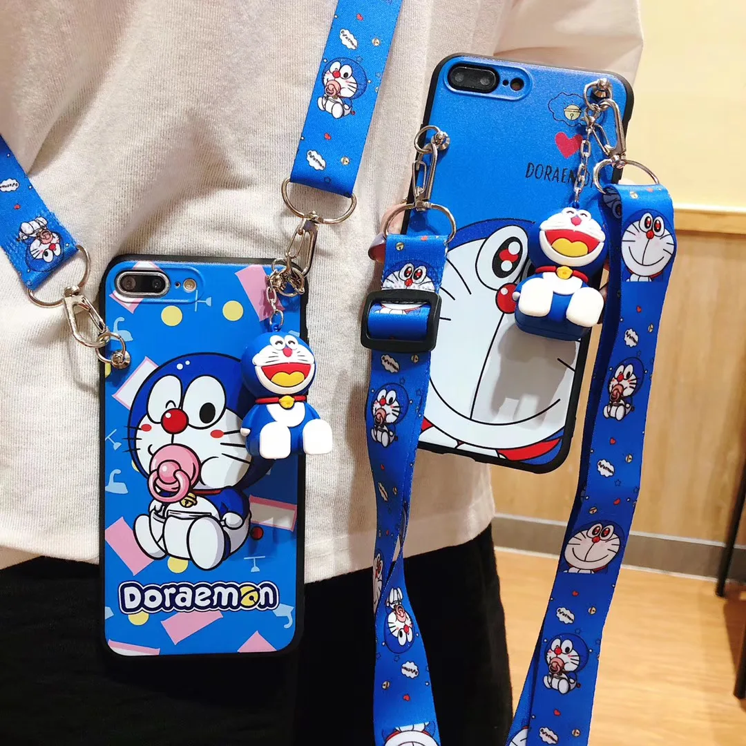 Милый мультяшный комплект Doraemon чехол для телефона с ремешком iPhone 6 7 8plus 11 12 13 14pro X XS