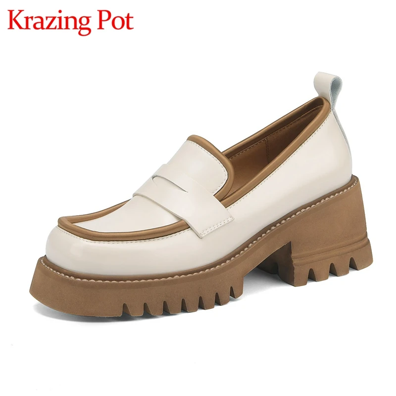 

Krazing pot handmade loafers chic genuine leather round toe waterproof thick bottom high heels spring daily wear women pumps l08