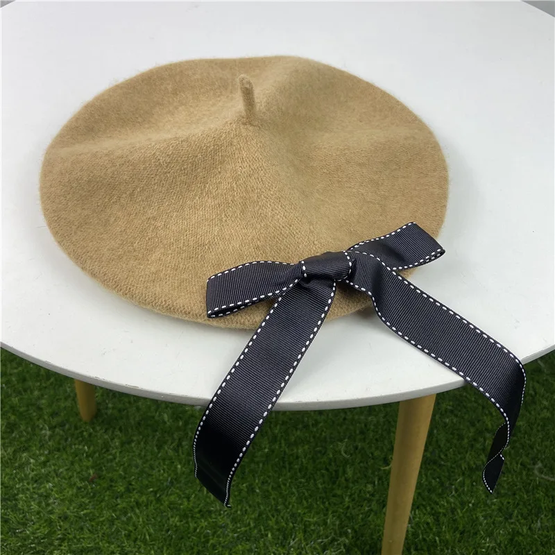 

Bow Beret Ladies Beret 2021 New Autumn And Winter Cute Fashion Hat Painter Hat Wool Beret Korean Multicolor Bow Wool Beret.