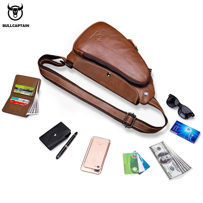 BULLCAPTAIN men's leather retro fashion chest bag first layer cowhide messenger bag outdoor sports leisure multifunctional bag