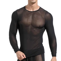 men mesh undershirt sexy transparent long sleeve t shirts sheer slip homme underwear fitness quick dry sportswear singlet shirts