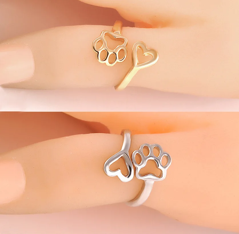 

Adjustable Cat Paw Ring Animal Beloved Pet Ring Hollow Dog Paw Footprints Heart Jewelry Ring for Pet Owners Minimalist Jewelry