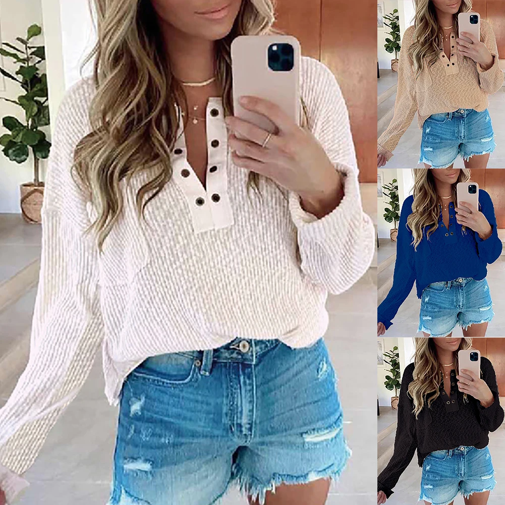 

Women Autumn Casual Solid Color V-neck Long Sleeve Button Top Blouse T-Shirt
