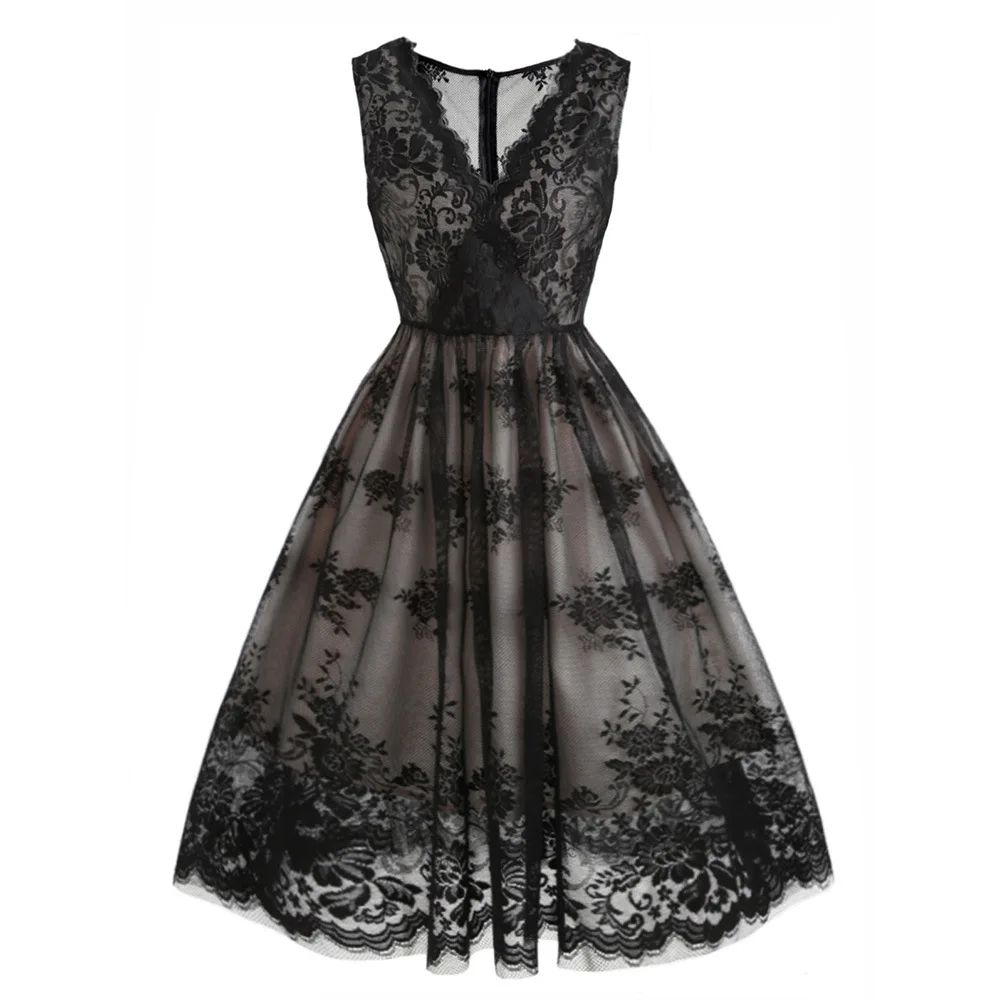 

Black Sexy See-through Women Lace Dress Sleeveless V-Neck Vintage Ladies Girls Evening Party Dresses QZ0187