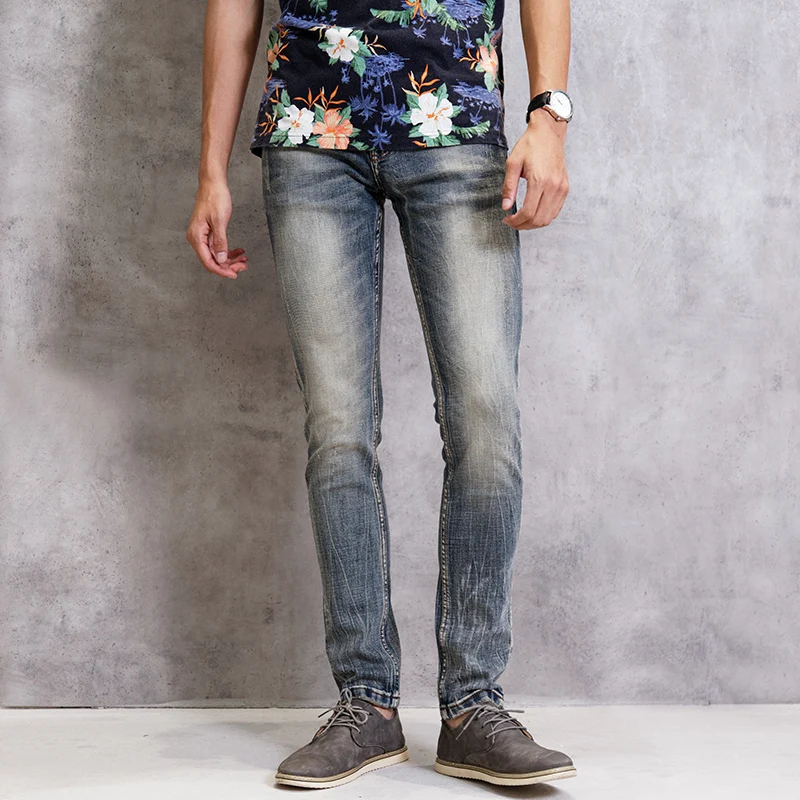 Italian Style Fashion Men Jeans Distressed Wash Elastic Cotton Slim Fit Scratch Vintage Designer Jeans Men Retro Denim Pants