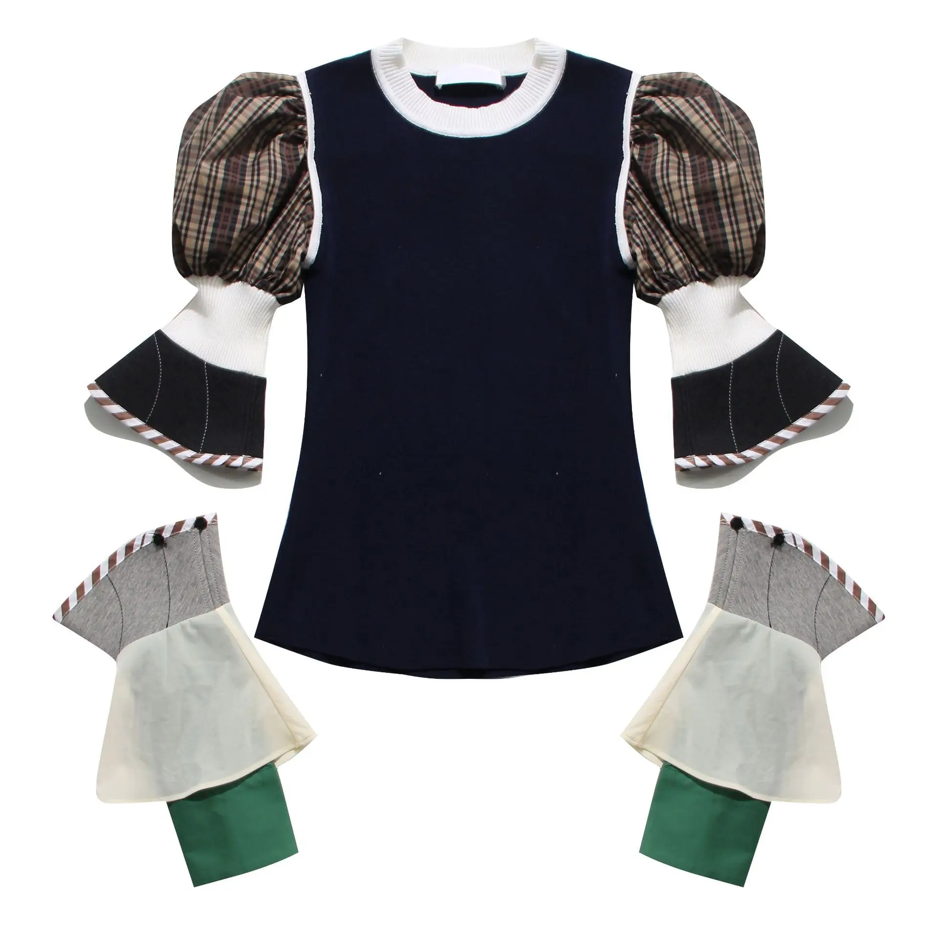 

Sweaters for Women 2021 Autumn New Multi-Level Cool Detachable Puff Sleeve Sweater Contrasting Color Stitching Sweater