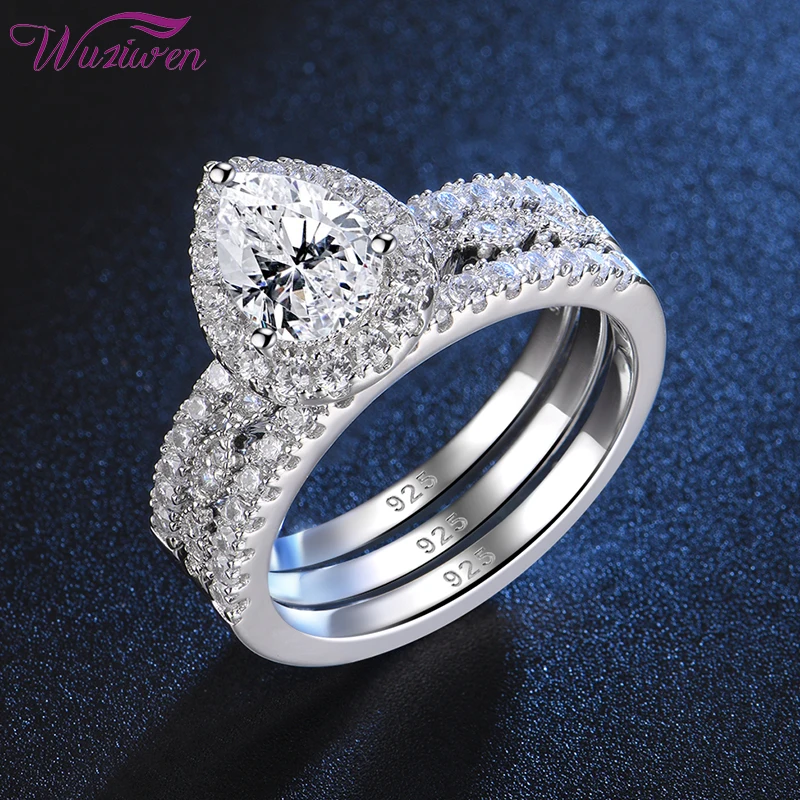 

Wuziwen 3 Pcs 925 Sterling Silver Wedding Engagement Rings Set For Women Pear Shape AAAA Zircons Eternity Bands Size 5-12