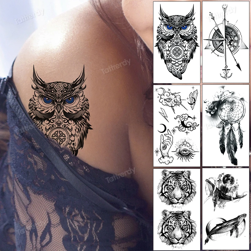 

anime owl temporary tattoos small size water transfer black tattoo stickers arm sleeve hand wrist tattoo fake waterproof flower
