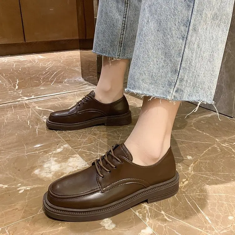 

Туфли женские кожаные на плоской подошве, винтажные удобные лоферы, повседневная обувь на платформе, оксфорды, черные, коричневые, весна-лет...