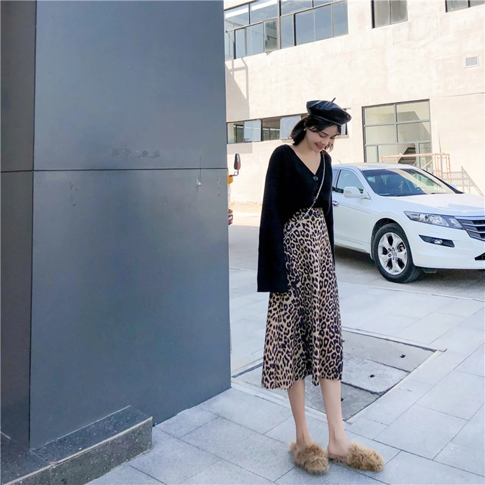 

A Line Leopard Print Daily Outfit Loose Fashion Summer Calf Length Large Swing High Waist Elastic Casual Street Wear Women Skirt