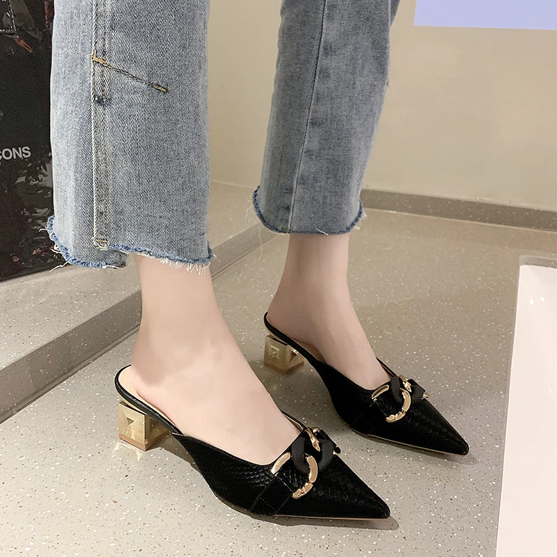 

High Heels Mules Slides 2021 Summer Elegant Women's Slippers Fashion New Metal Chain Decoration Pumps Square Toe Ladies Shoes